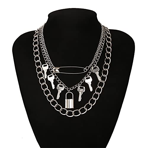 3-5Pcs Punk Layered Key Lock Chunky Chain Choker Necklace Set Gothic Stacking Safety Pin Spike Rivet Collar Necklace for Men Women Hip Hop Rock Cool Adjustable Bar Party Jewelry3