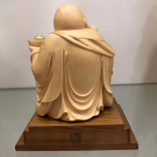 木彫り 布袋様 台座付き 仏像 木彫り 布袋様の置物 高級天然ツゲ木彫り 布袋様の笑顔 木彫り