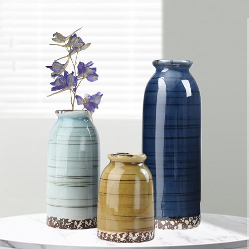 VASETOPIA Ceramic Vase Set of 3, Boho Small Flower Vase for House Decor, Bathroom, Table, Centerpiece (Navy Blue/Yellow/Blue)