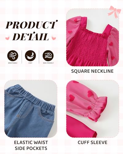 Image of Kucnuzki Toddler Kids Girl Clothes Long Sleeve Shirt Tops Baggy Jeans Cute Pants Set Baby Girl Outfit 2 Piece Clothing