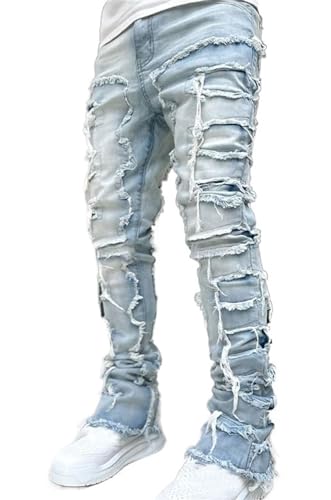 Mens Stacked Jeans Slim Fit Ripped Destroyed Straight Leg Denim Pants for Harajuku or Hip Hop Streetwear2