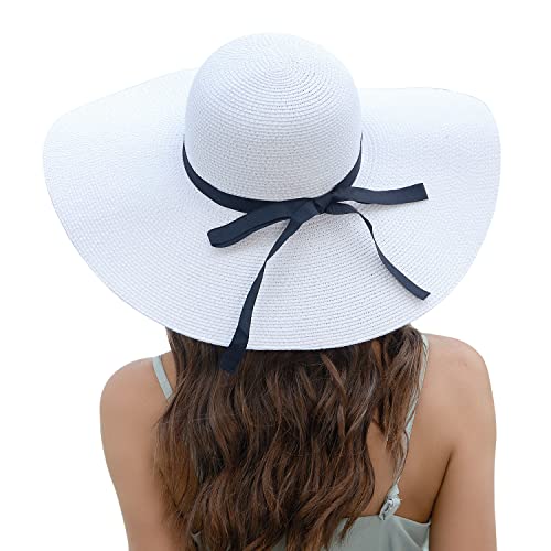 Image of Women Wide Brim Sun Hat UPF50 Straw Summer Hat Floppy Beach Hat Roll-Up