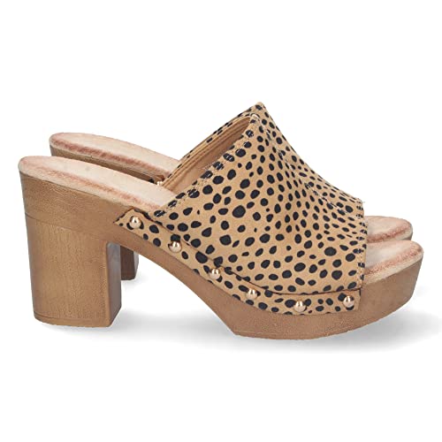 shoes&blues.es 72737 Sandalia de Tacon para Mujer, Comoda, Material de Imitacion a Madera, con Pala con Remaches, y Talon Abierto Leopardo Talla 36
