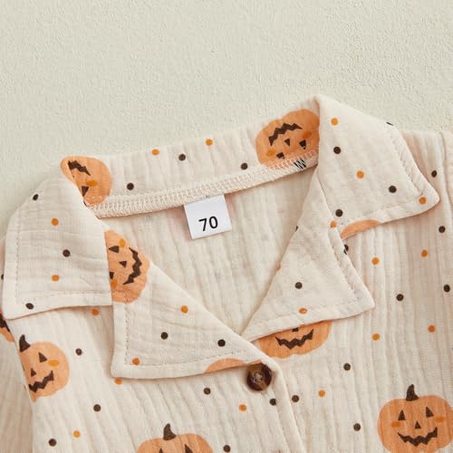 fyclemt Toddler Baby Girl Boy Halloween Pajamas Pumpkin Cotton Linen Long Sleeve Button Down Shirts Pants Kids Sleepwear Pjs4
