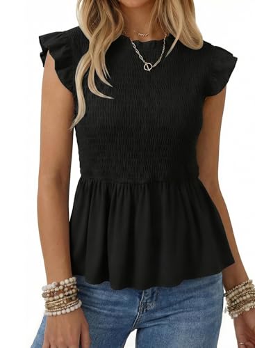SHEWIN Peplum Summer Tops for Womens Babydoll Cute Flowy Smocked Fall Tops Black Blouses Casual Puff...