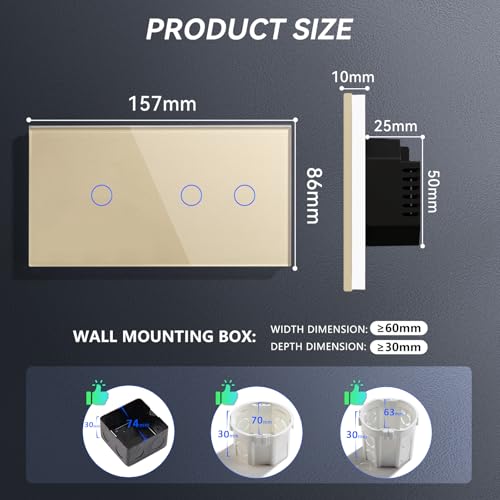 BSEED Smart Lichtschalter 2 Fach 2 Wege +1 Fach 2 Wege Wifi Smart Lichtschalter arbeitet mit Amazon Alexa and Google Home,Glas Touchscreen-schalter Gold(Erforderlich Neutral Draht)157mm
