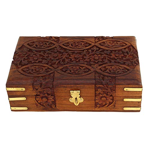 Ajuny Handgeschnitzte Holz-Schmuckbox mit Blumen- und Messingeinlage, Dekorative Aufbewahrungsbox & Andenkenkiste, Handgefertigter Organizer für Schmuck, Uhren, Erinnerungen & Geschenke, 8 x 5 Zoll