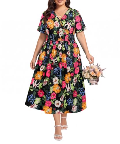 Image of CARCOS Plus Size Dresses for Curvy Women V Neck Summer Maxi Dress Short Sleeve Floral Boho Dress Smocked Waist Beach Dress