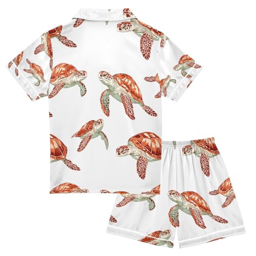 senya Red Cute Turtle White Satin Summer Pajama Sets Silk Short Sleeve Button Down Sleepwear2