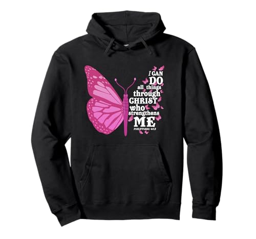 Philippians 4:13 Pink Butterfly Wing Bible Verse Christian Sudadera con Capucha