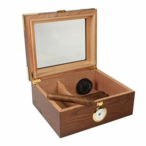 Desktop Humidor, Capri Elegant, Tempered Glasstop, Spanish Cedar Divider, Brass Ring Glass Hygrometer, Holds 25 To 50 Cigars #TOP1