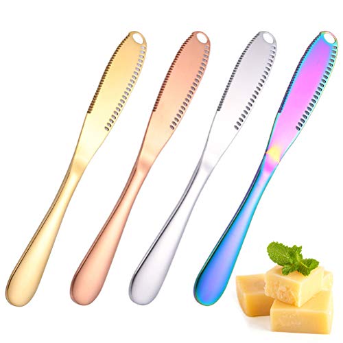 4Pcs Butter Spreader Knife, Uspacific Pure Color Durable Stainless Steel Butter Spreader with a Serrated Edge and Hole, Multi-function Butter Knife Western Bread Jam Knife