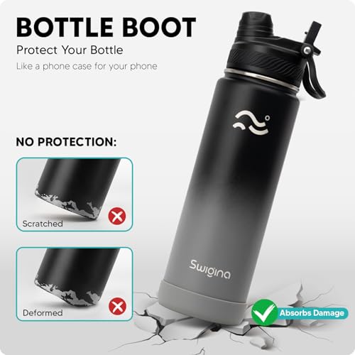 Image of Swigina [2-IN-1 LID] Insulated Water Bottle with Silicone Boot (36hrs Cold /18hrs Hot) - DIY Stickers, Leakproof, BPA Free, 24 oz