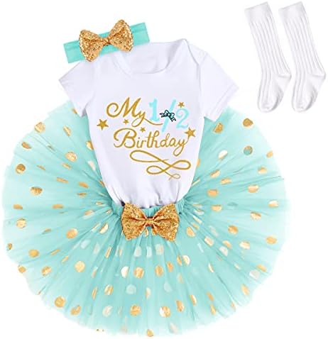 It's My 1/2 /1st /2nd/3rd Birthday 4 Piece Outfits for Baby Girl First Birthday Cake Smash Leotard Bodysuit Mesh Tutu Skirt Headband Socks Formal Set Princess Halloween Christmas Green-1/2 6 Months