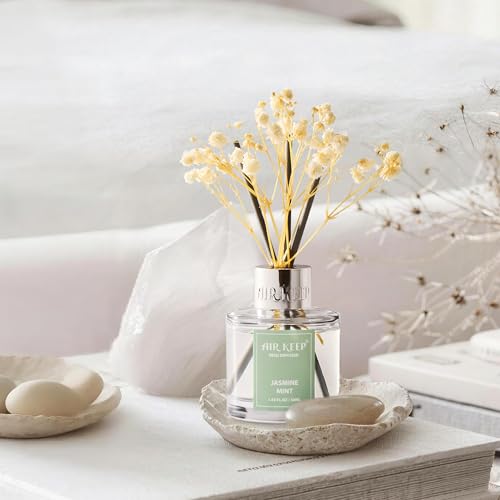 Image of Airkeep Reed Diffuser Set,1.69 fl oz (50 ml) - Jasmine Mint Oil Diffusers with 8 Reed Sticks,Home Fragrance Reed Diffuser for Bathroom Shelf Decor
