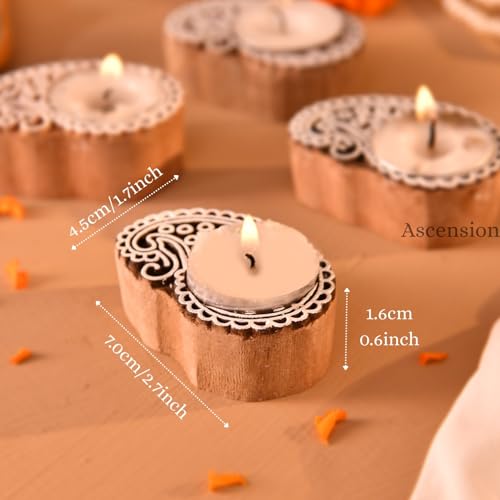 Image of Ascension Pack of 4 Wooden Peacock Shaped Tea Light Candle Holder Handmade Wooden Block Print Tealight Candle Stand Decorative Items For Puja Gifting Indoor Outdoor Diwali Decoration Home Office Decor