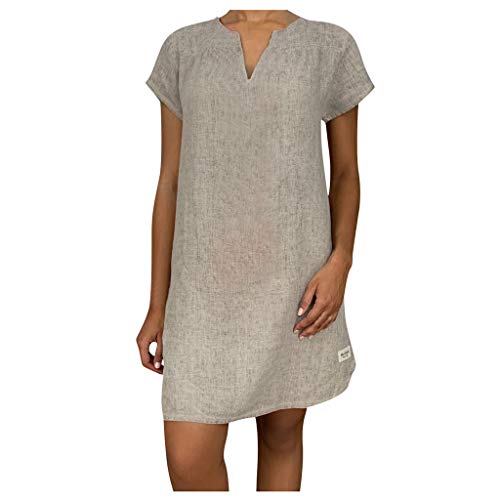 DeaAmyGline Leinenkleid Damen Sommer Sommerkleid Kurz T Shirt Kleid V-Ausschnitt Kurzarm Strandkleid Einfarbig Baumwolle Leinen Kleider Leicht Luftig...