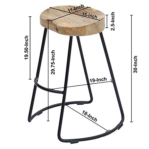 Butaco Industrial Ela de 30 pulgadas de Madera de Mango y Hierro Negro, Asiento Silla de Cuero Natural Marrón, Juego de 2, para Cocina, Comedor y Decoración del Hogar miniatura 3