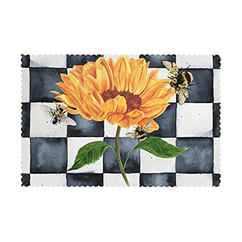 Orange Sunflower Placemats for Dining Table Set of 6 Watercolor Black White Grid Placemats Non-Slip Flying Bees Place Mats for Dining Room Kitchen Decor Table Mats Washable Placemats (12x18 Inch Cover