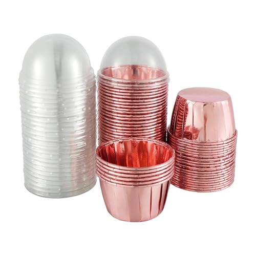 tazas de pastel de papel, 50 Pcs 5.5 oz Foil Cupcake Liners With Lids Multicolor Aluminum Heat Resistant Round(Pink)