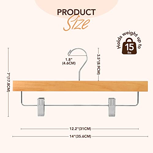 House Day Wooden Pants Hangers With Clips 10 Pack, Wood Skirt Hangers For Women, 14 Inch Hangers For Pants With Clips, Solid Wood Pants Hangers For Men 360° Swivel Hook Bottom Hangers- Natural #TOP5