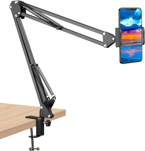 Image of Elfora Adjustable Overhead Mobile Phone Holder with Long Arm for Video Recording, Streaming, Office Use, Cooking, Crafting Videos Compatible with Devices Up to 4-7 Inches (Black)
