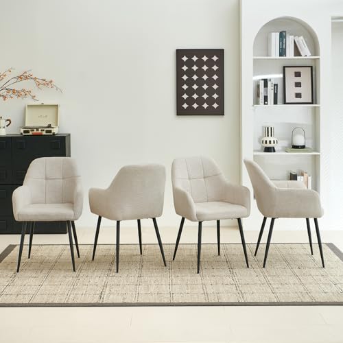Colorig Modern Beige Dining Chairs Set of 4, Ergonomic Armchairs with Cross Metal Legs, Plush Chenille Fabric Upholstered Seat Living Room Chairs for Reception Kitchen Bedroom (4, Beige)