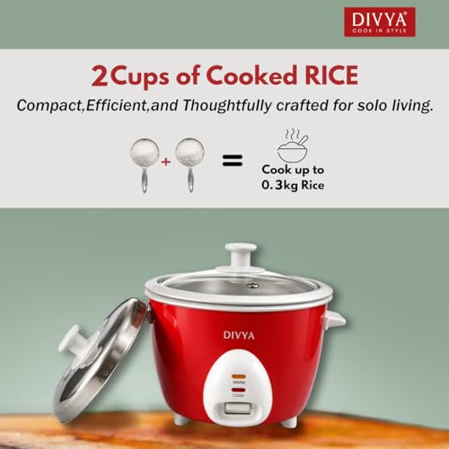 Image of DIVYA 0.6 L Drum Electric Rice Cooker for Home | 300 W | Double Pot Anodised Aluminium | Glass & Stainless Steel Lid | Cook & Keep Warm Function | Compact Rice Cooker | Red