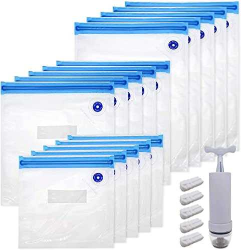 15 Stück Küche Vakuumierbeutel Aufbewahrungsbeutel Wiederverwendbare Vakuumbeutel, Sous-Vide-Beutel set Gefrierbeutel für Lebensmittelaufbewahrung (1 Handvakuumierpumpe +15 Beutel + 4 Clips) Cover