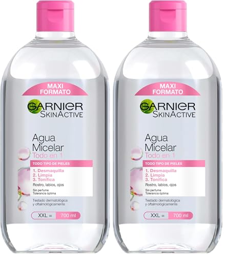 Garnier Skin Active, Agua Micelar Clásica Todo en Uno, Desmaquillante, Limpiador Facial, Limpia Rostro, Labios y Ojos, Sin Aclarado, para Todo Tipo de Pieles, Formato Maxi, 700 ml (Paquete de 2)