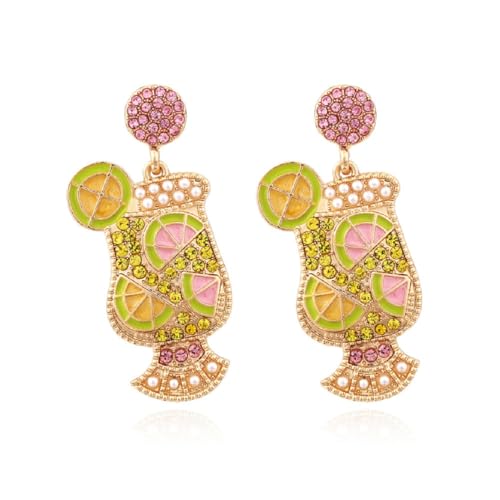 Pendientes taza de jugo de fruta tropical, pendientes colgantes taza de jugo fruta para mujer, pendientes perlas limón vacaciones playa, bonitos pendientes rebanada sandía limón joyería verano bohemia
