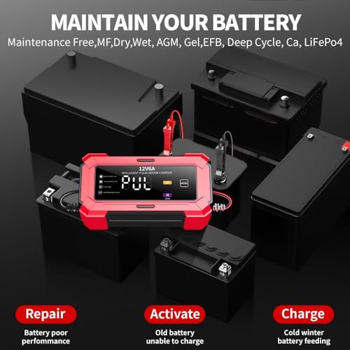 Image of Ash & Roh 12V 6A Smart Pulse Repair Car Battery Charger with Digital LED Display - Automatic Charging for Lead-Acid, AGM, Gel & EFB Batteries (Not for Lithium Batteries)