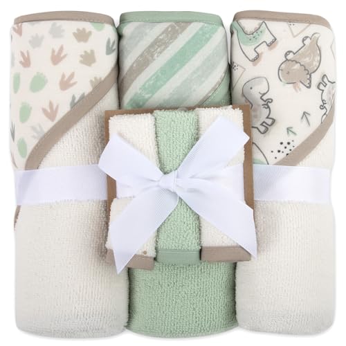 Image of Hooded Baby Bath Towel and Washcloth 6 Piece Set for Newborns, Infants & Toddlers, Boys & Girls Baby Hooded Towels Set (Dinosaurs & Stripes)