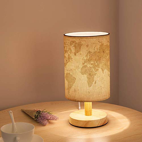 Rainfallaring Minimalist Bedside Table Lamp World Map On A Old Worn Paper Xxxl Solid Wood Nightstand Lamp Bedside Desk Lamp Wood Base Flaxen Fabric Shade For Bedroom Living Room #TOP2