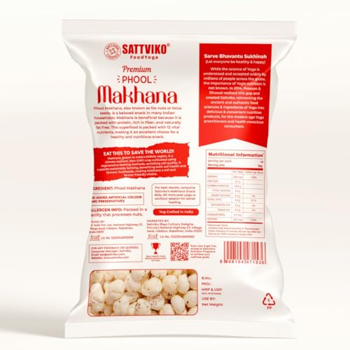 Image of Sattviko Premium Raw Plain Phool Makhana | Fox Nuts | Healthy Crunchy Snack | Gluten-Free, Protein-Rich, Low-Calorie Superfood | Ideal for Fasting & Guilt-Free Snacking (200 gm - Pack of 1)