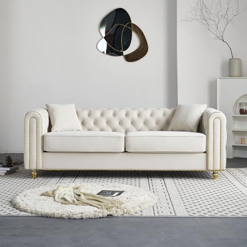Image of KEIKI 86 inch Chesterfield Velvet Button Tufted Sofa with High Density Foam Cushions and 2 Toss Pillows, Modern Style 3-Seater Couch with Gold Strip Trim Decoration, Easy Assembly, for Living Room, Beige