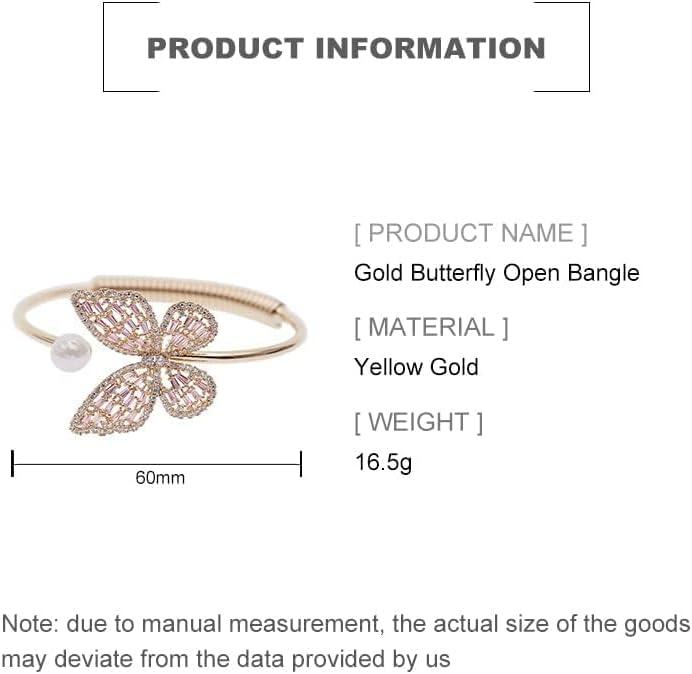 14K Gold Moissanite Butterfly Open Bangle for Women,Adjustable Freshwater Cultured Pearl Charm Bangle Bracelet,Gift for Mom,Girlfriend,Wife (Yellow Gold, 14K Gold)