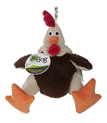 Image of goDog, Checkers Fat Rooster, Squeaker Dog Toy, Chew Resistant, Durable Plush, Soft, Tough, Reinforced Seams, Brown, Large