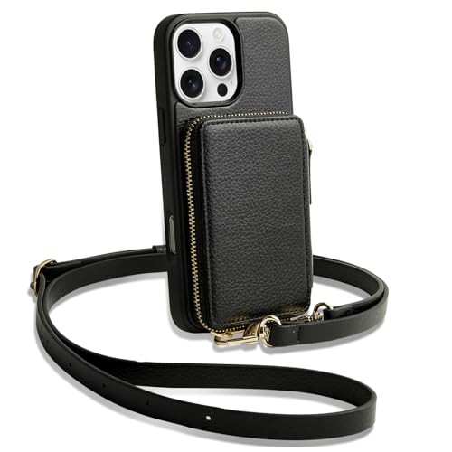 ZVE for iPhone 16 Pro Wallet Case with Card Holder, Zipper Crossbody Case with Wrist Strap for Women for iPhone 16 Pro 6.3" Black by ZVE - Used condition - US$23.46