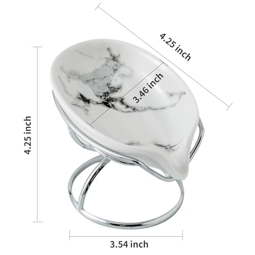 Leaf-Shaped Soap Dish – Premium Ceramic Soap Bar Holder with Self-Drainage System – Bar Soap Holder for Shower, Bathroom Sink, Kitchen – Waterfall Soap Dish with Stainless Steel Stand (SLIVER)