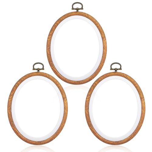 Image of 3PCS Oval Embroidery Hoop Wood 6x5 Inch Embroidery Hoops, Imitated Wood Cross Stitch Ornament Frames for Art Craft Sewing Ornaments Hanging Decoration and Christmas Ornaments