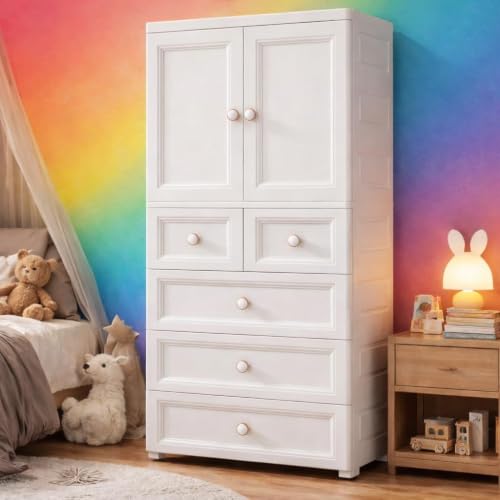 Image of Kids Plastic Collapsible Wardrobe Organizer for Storage with Drawers | Cute Cartoon Design | Heavy Duty Runner Rug Floor Mat Carpets Organizer Bedroom, Living Room (Beige, 2+5-Door)