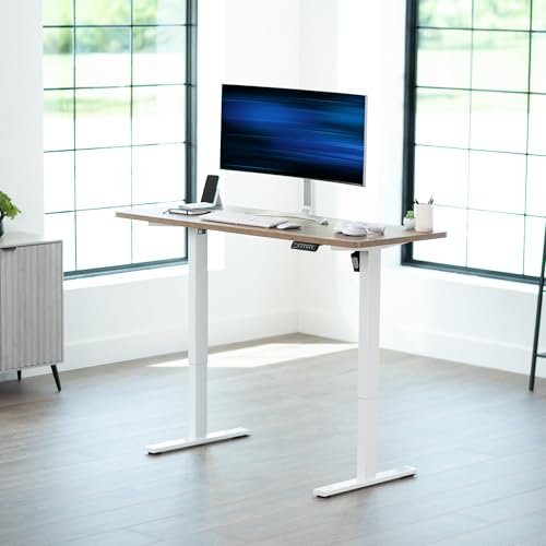 Image of VIVO Reclaimed Wood 60 x 24 in Standing Desk, DESK-KIT-1W6P | Electric, Holds 220 lbs, Sit Stand, Height Adjustable, Solid One-Piece Table Top, Memory Presets, 1B Series, White Frame