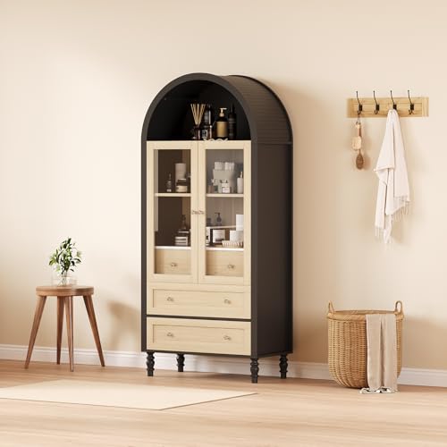 Image of Garvee 71 inch Arched Cabinet with Glass Doors, Modern Tall Kitchen Pantry Storage with Adjustable Shelves, Wood Display Bookcase for Living Room, Dining Room