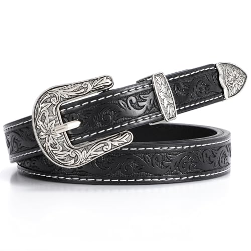 VONMELLI Western Belt for Women, Cowgirl Cowboy Belt for Dress Jeans Western Leather Belts with Engraved Buckle