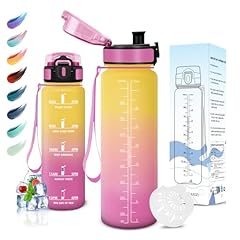 Motswedi Borraccia 1000/1500ml, Senza BPA, Borraccia Palestra, Prova di Perdite, Borracci Motivazionale, con Filtro, Sportiva, Bottiglia Acqua per Scuola, Palestra, Ufficio, Yoga, Giallo-Rosa