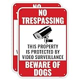 2PC Beware of Dog No Trespassing Sign, 14 x 10 Inches - Aluminum - Video Surveillance Dog Aggressive Warning Signs For Fence Property