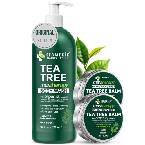 KESMEDIK Tea Tree Body Wash & Skin Balm Bundle for Dry, Rough & Sensitive Skin