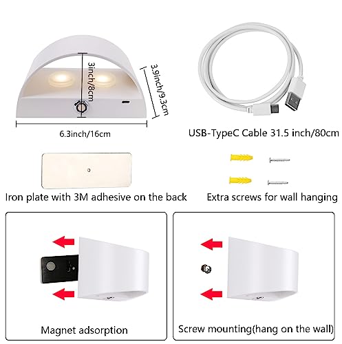 Image of LED Wall Sconce, Dimmable Wall Light with Rechargeable Battery Operated USB, Touch Control, Up Down Wall Mount Lamp for Bedroom Hallway Living Room (White, 3000K)