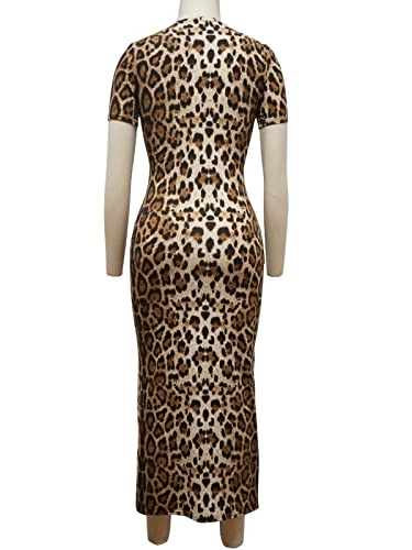 Image of Women's Long Bodycon Dresses Leopard Print Casual Maxi Club Party Tight Dress Short Sleeve